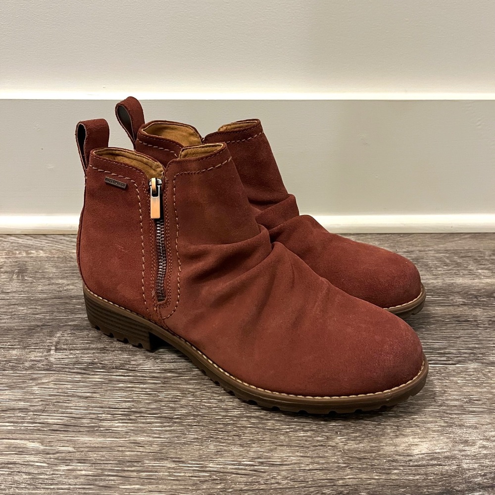 Clarks Boots Women's 10 Aspra Walk Terracotta Suede Waterproof Slouchy Zip Ankle